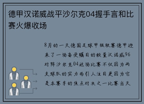 德甲汉诺威战平沙尔克04握手言和比赛火爆收场